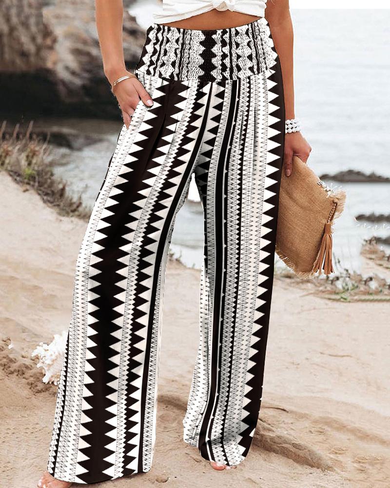 

Geometric Print High Waist Wide Leg Pants, Blackwhite