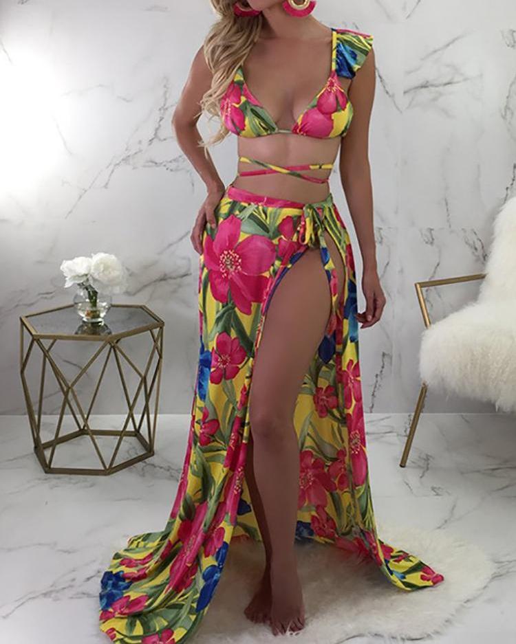 

3PCS Floral Print Strappy Bikini With Cover Up, Multicolor