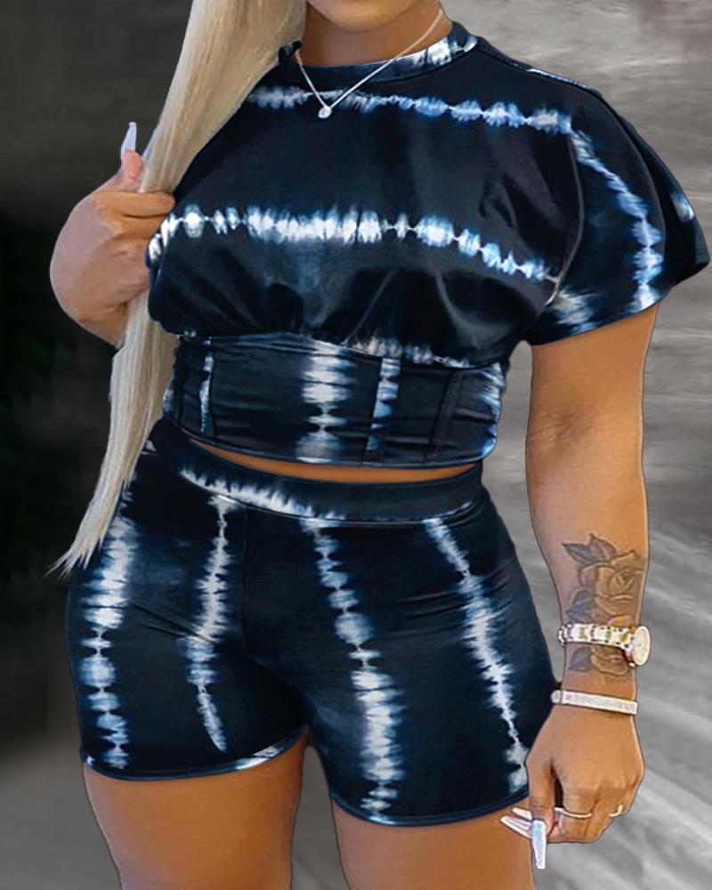 

Plus Size Tie Dye Print Crop Top & Shorts Set, Purplish blue