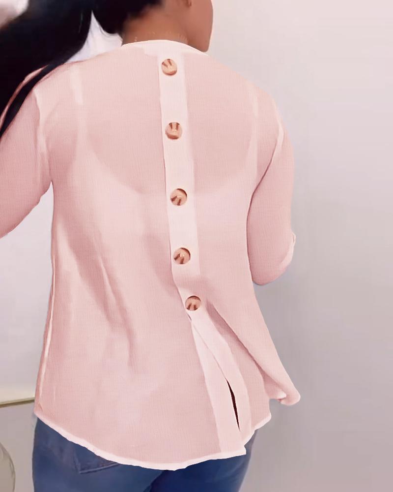 

V-Neck Roll Up Sleeve Back Button Blouse Casual Top with Pocket, Light pink