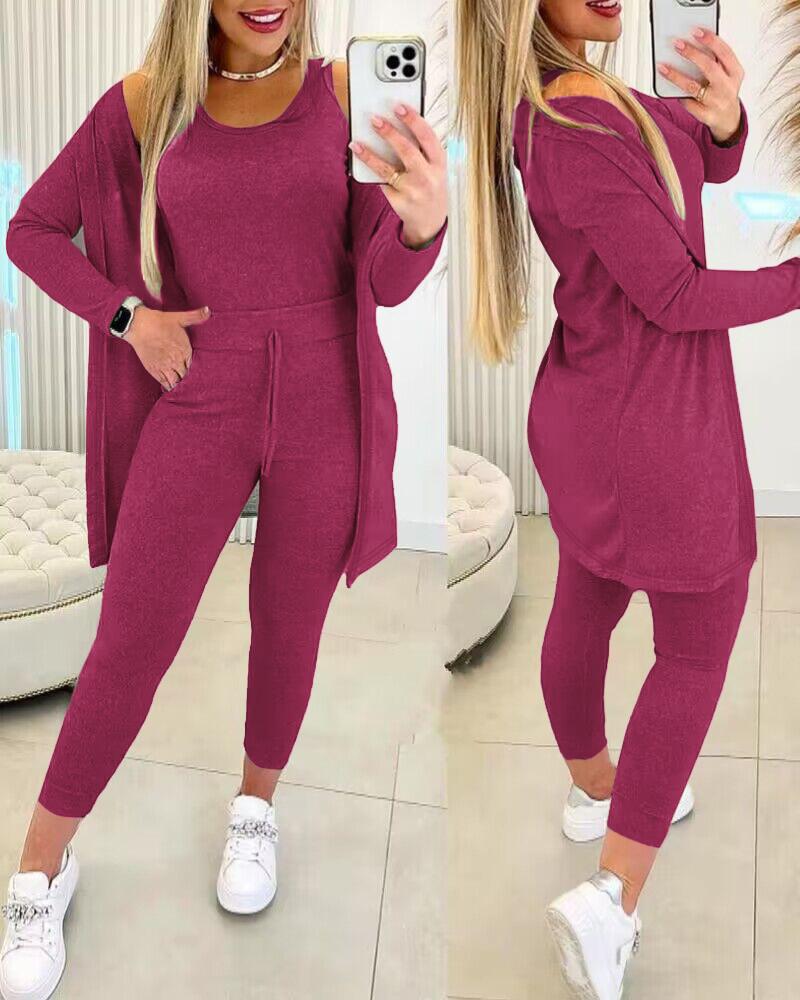 

Round Neck Tank Top & Drawstring Pants Set With Coat, Pink