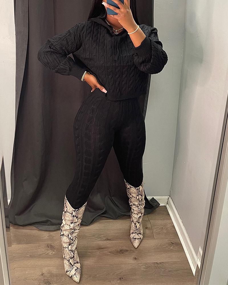 

Long Sleeve Cable Knit Hooded Sweater & Pants Set, Black