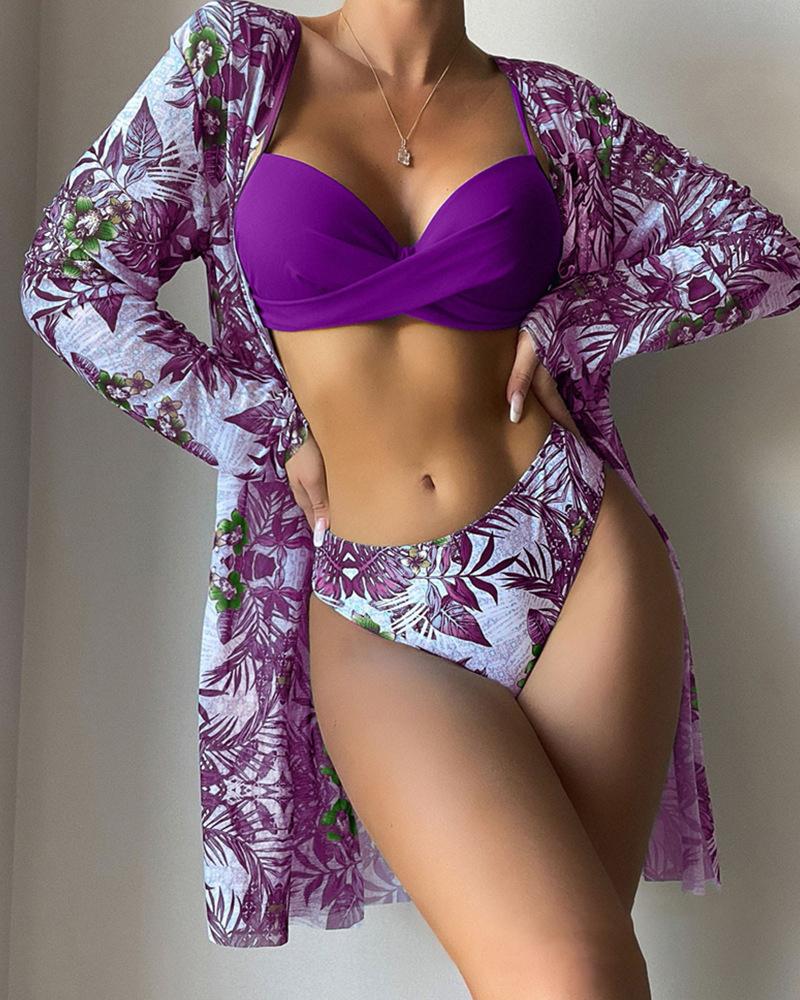 

3PCS Tropical Print Crisscross Bikini Set With Cover Up, Purple