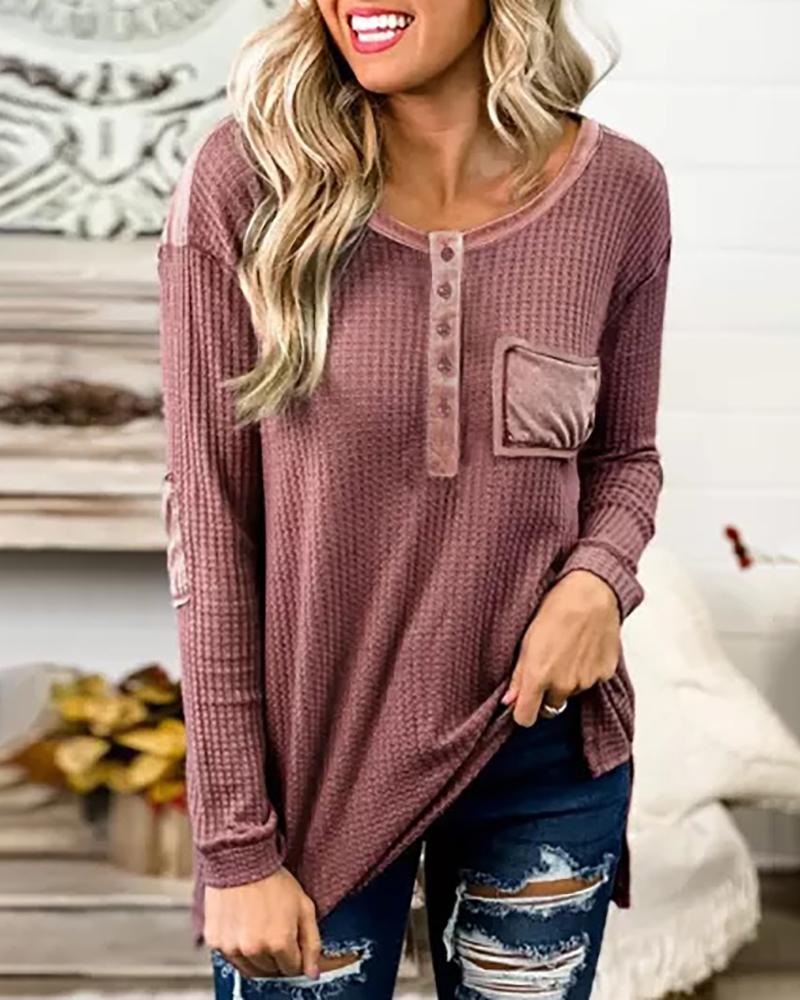 

Waffle Knit Pocket Design Buttoned Long Sleeve Top, Purple