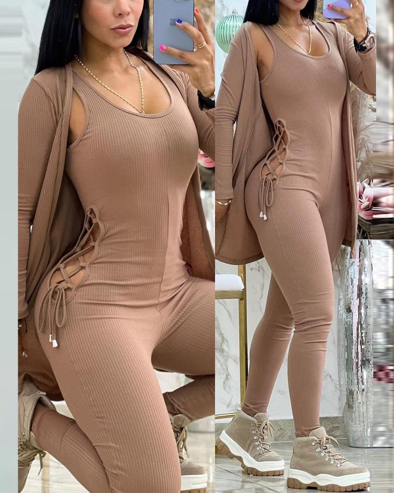 

Plain Sleeveless Lace-up Jumpsuit With Coat, Khaki