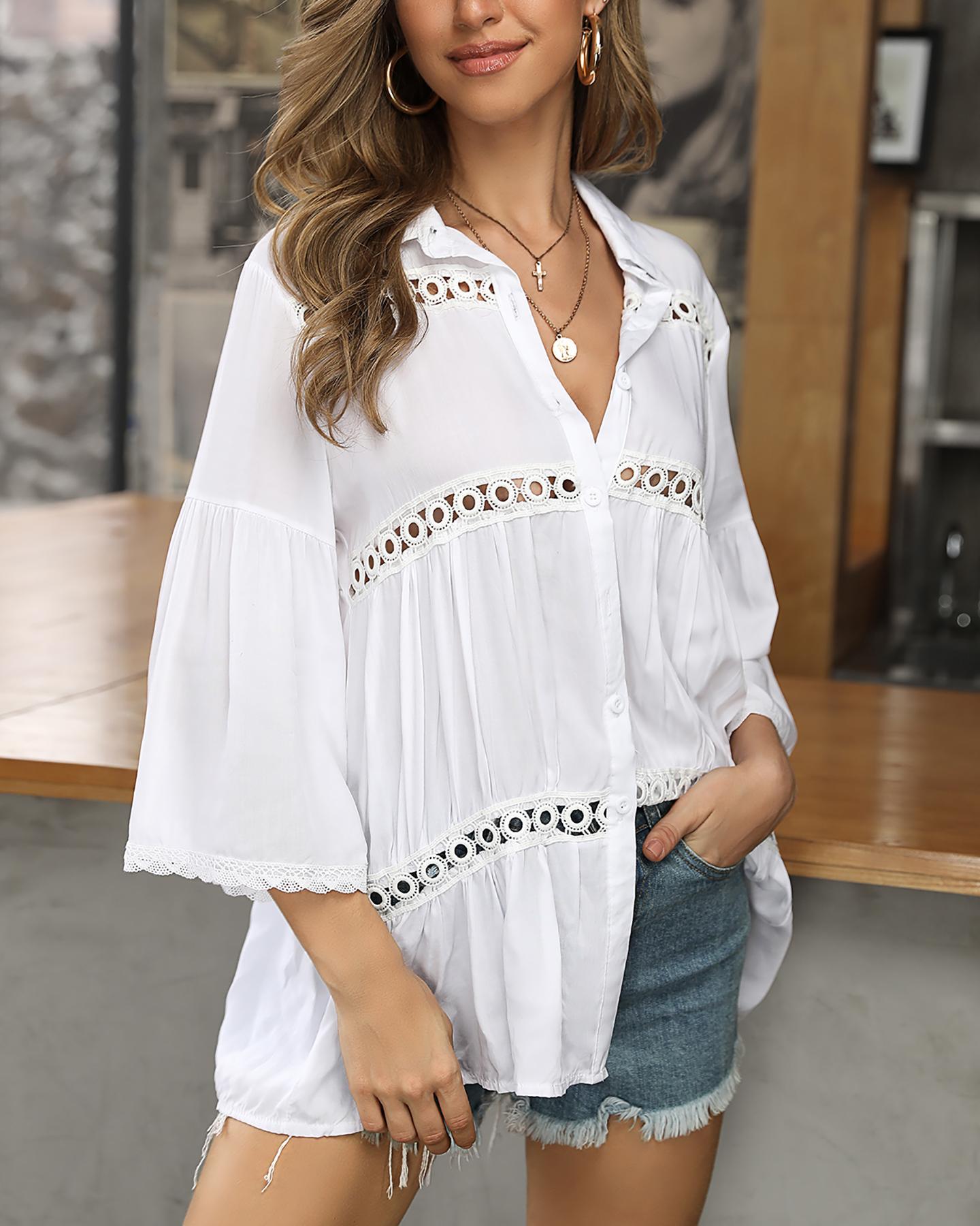 

Lace Patch Bell Sleeve Cover Up Shirt, White