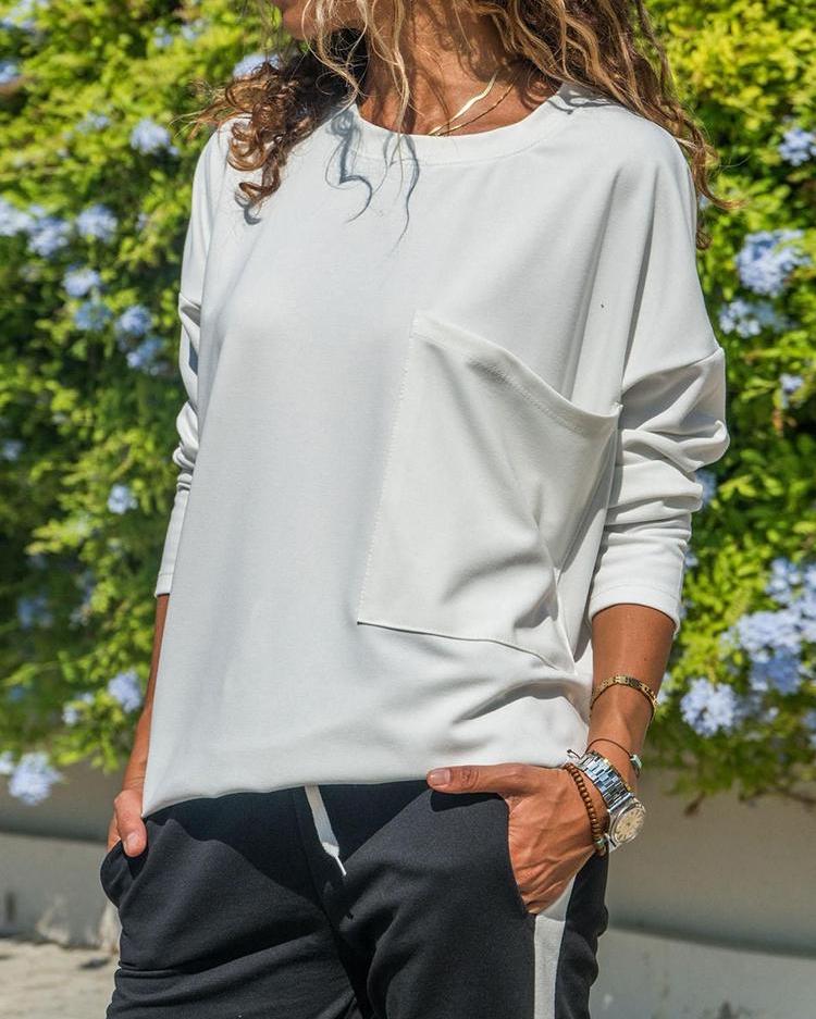 

Solid Pocket Design Loose T-shirt, White