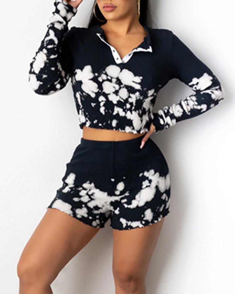 

Ink Splash Long Sleeve Crop Top & Shorts Set, Black