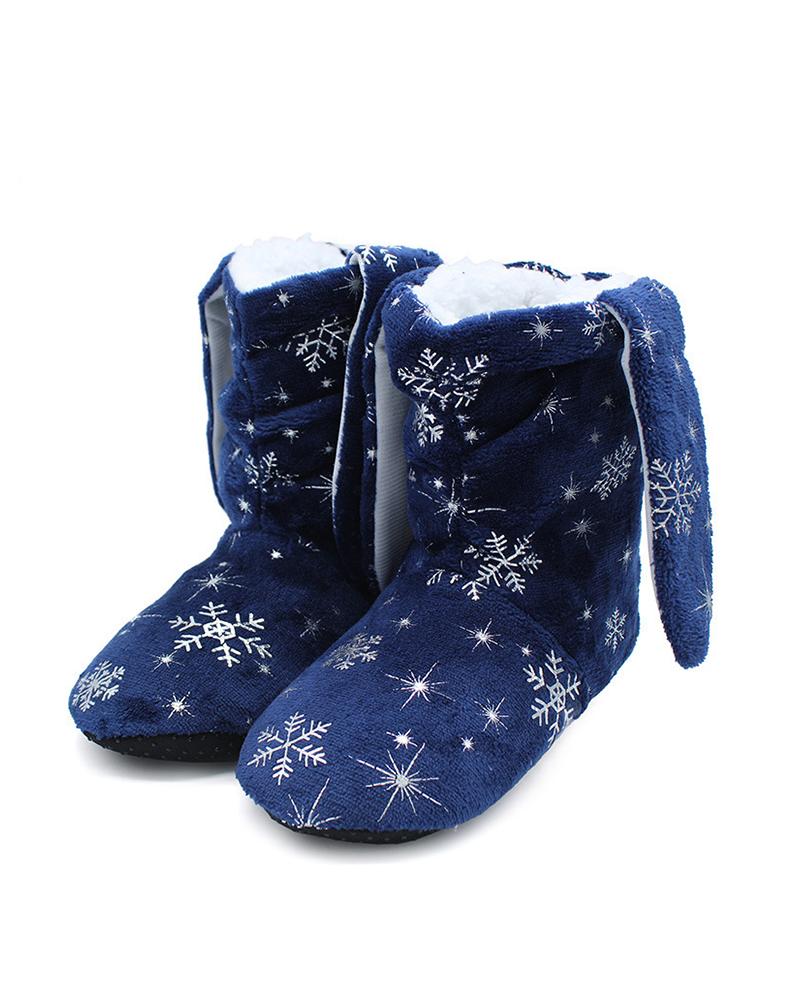

Christmas Snowflake Print Ear Design Indoor Boots, Blue