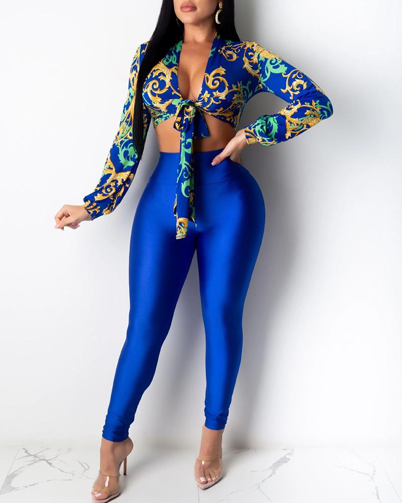 

Graphic Print Tie Front Crop Top & Plain Pants Set, Blue