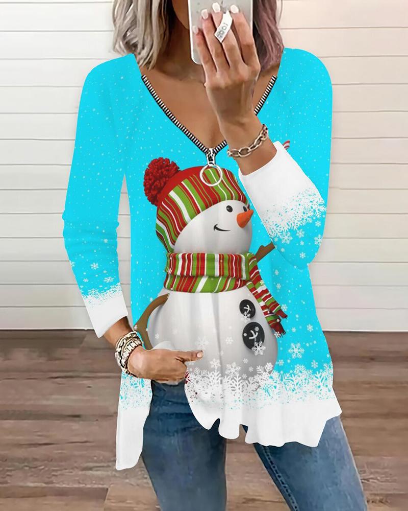 

Christmas Snowman Print Zipper Design Top, Lighted blue