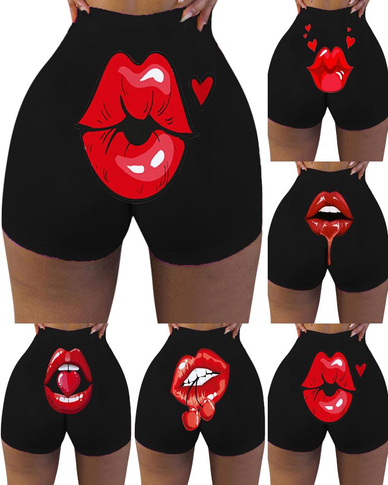 

Lip Heart Print High Waist Butt Lifting Yoga Shorts, Style1