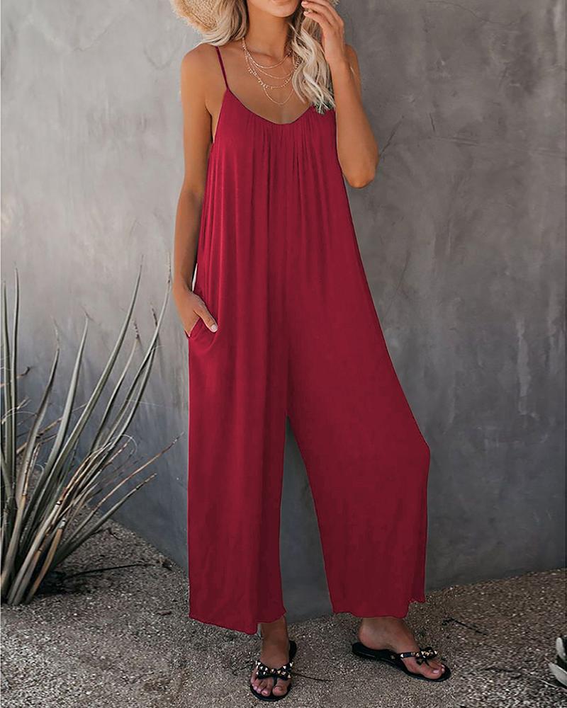 

Solid Strap Loose Wide Leg Jumpsuit, Red
