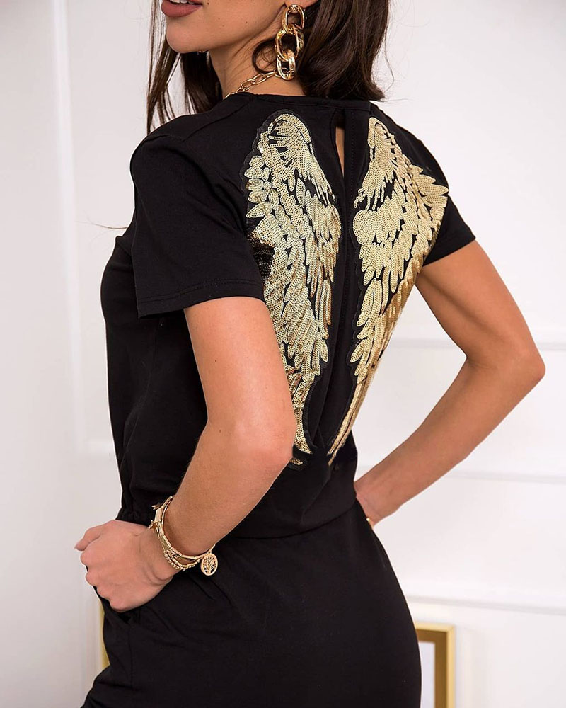 

Graphic Print Sequins Cutout Drawstring Dress, Black