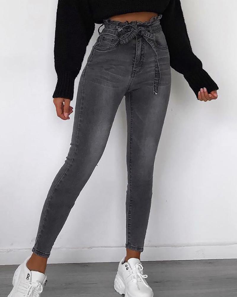 

Solid Paperbag Waist Denim Pants, Gray