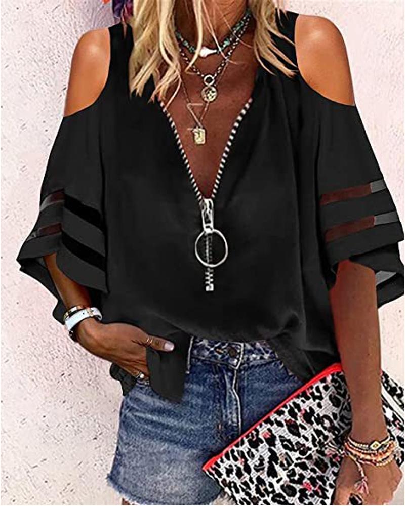 

Contrast Mesh Cold Shoulder Zip Front Chiffon Top, Black