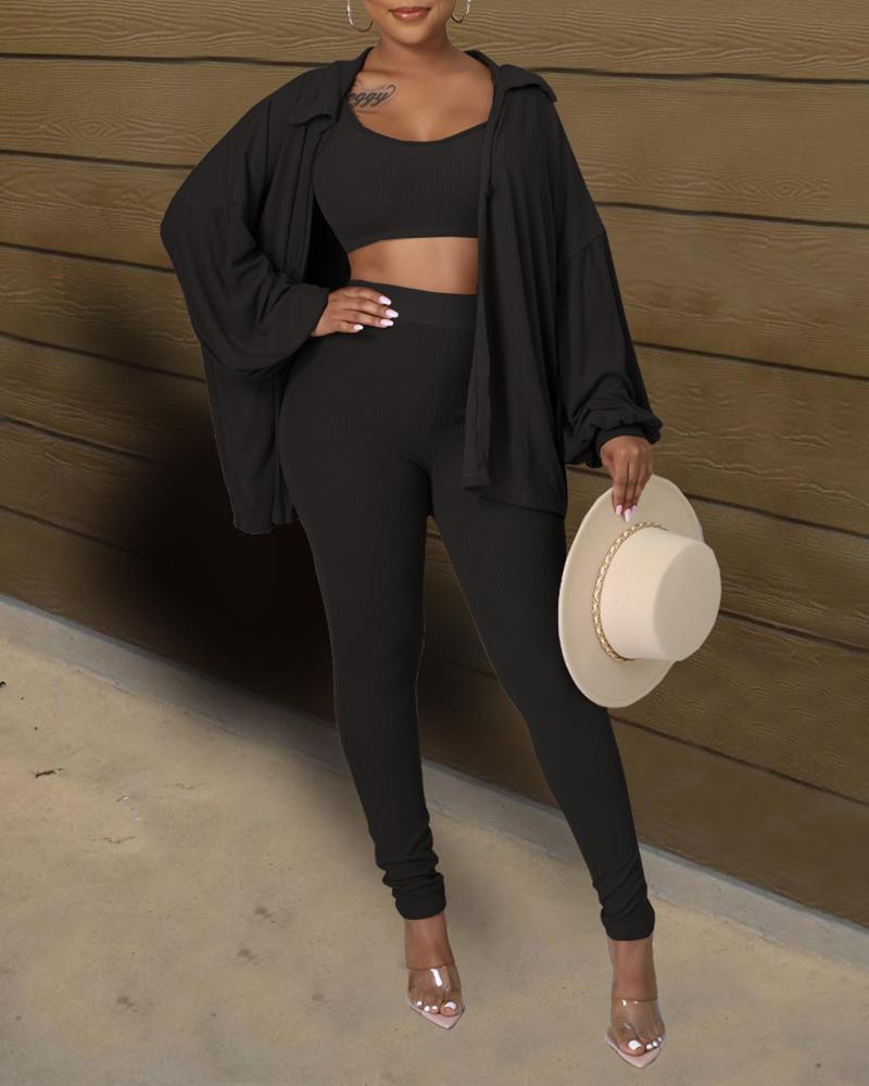

Ribbed Crop Top & High Waist Pants Set With Lantern Sleeve Coat, Black