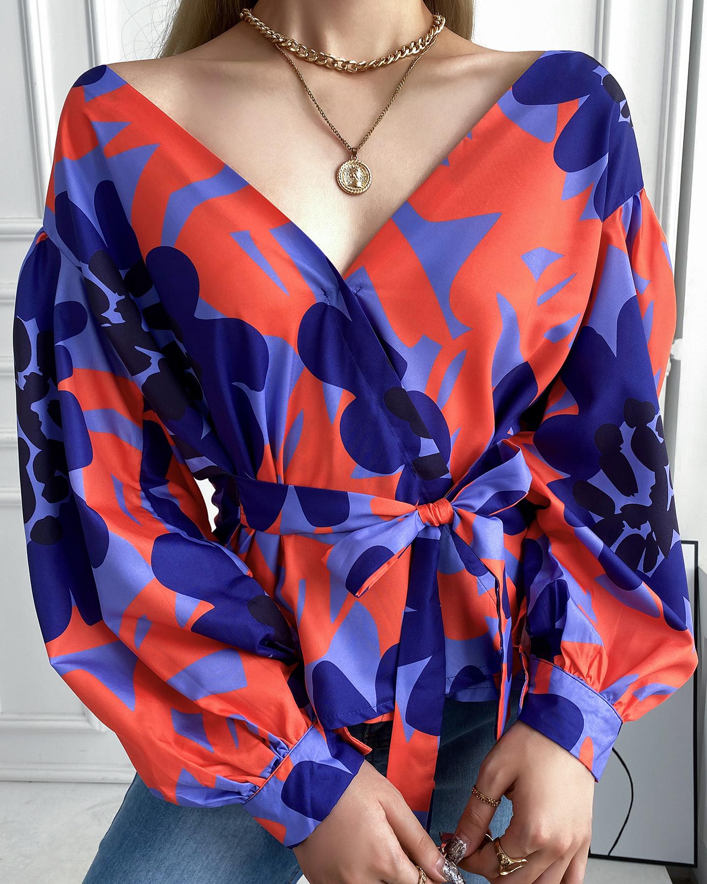 

Colorblock V-Neck Lantern Sleeve Tied Detail Top, Multicolor