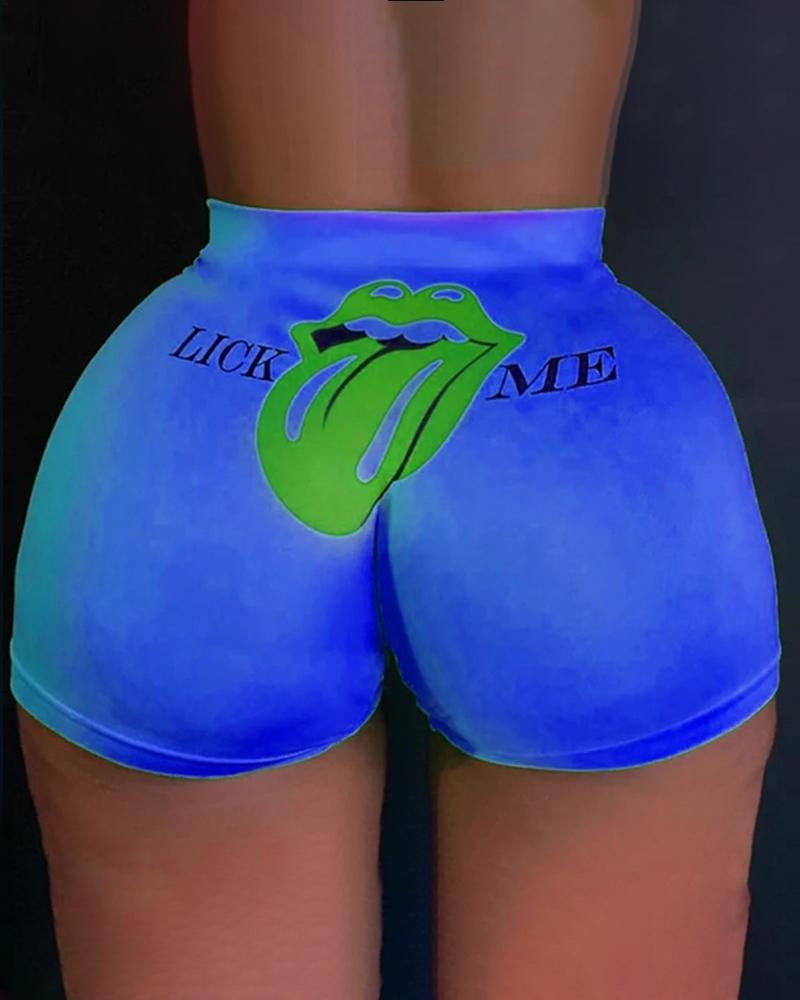 

Lip Letter Print High Waist Casual Shorts, Dark blue