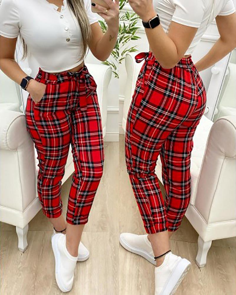 

Plaid Print Pocket Design Casual Pants, Red