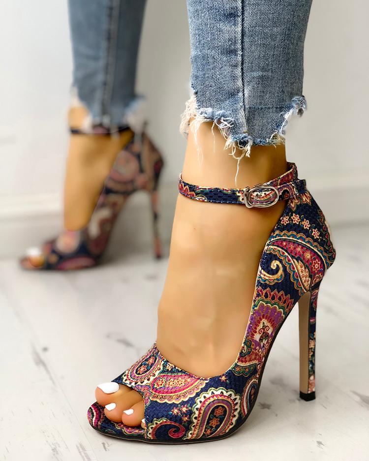 Buy Ethnic Print Peep Toe Ankle Strap Thin Heeled Sandals. Picture