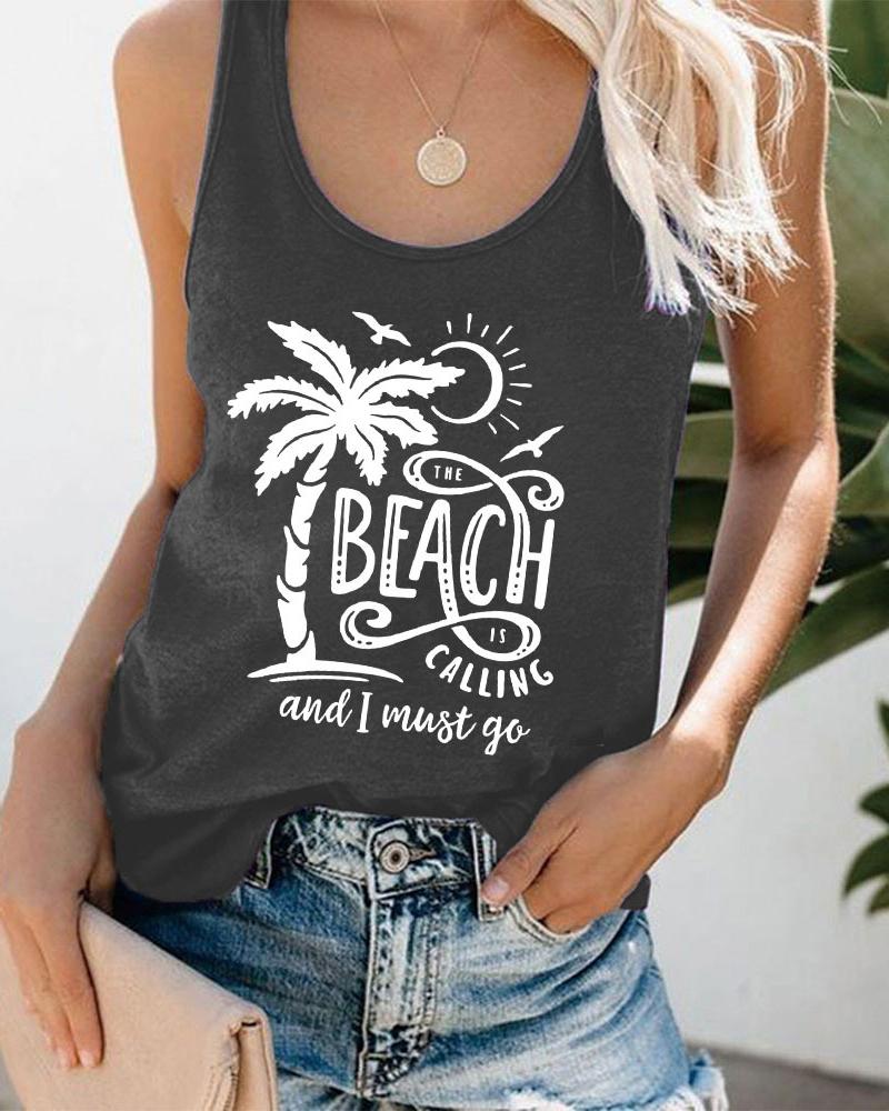 

Coconut Tree Letter Print Graphic Tee Summer Beach Vest Tank Top, Dark grey