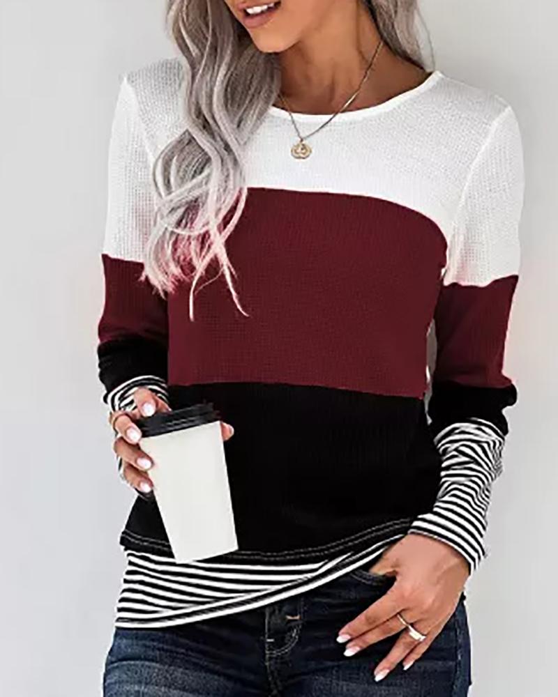 

Striped Print Colorblock Long Sleeve Top, Wine red
