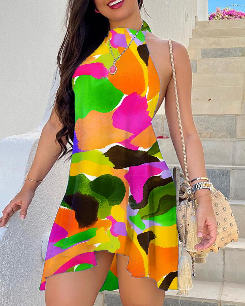 

Tie Dye Print Colorblock Backless Swing Dress, Multicolor