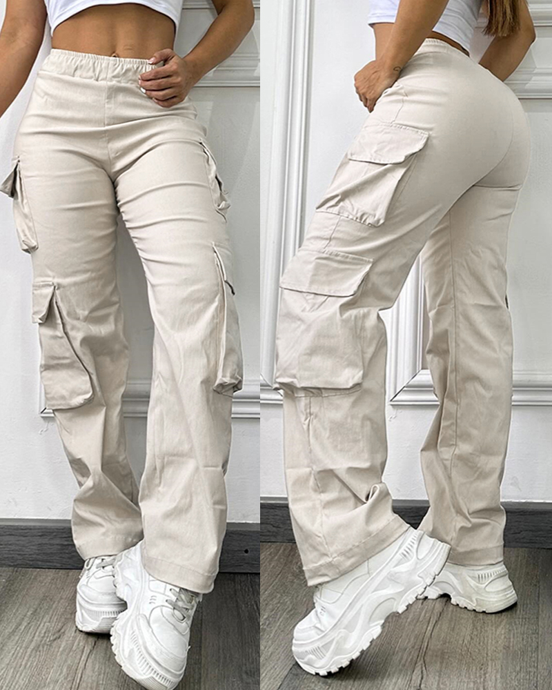 

Pantalon cargo taille haute avec poches latérales et jambe droite Pantalon cargo décontracté à coupe ample, Apricot