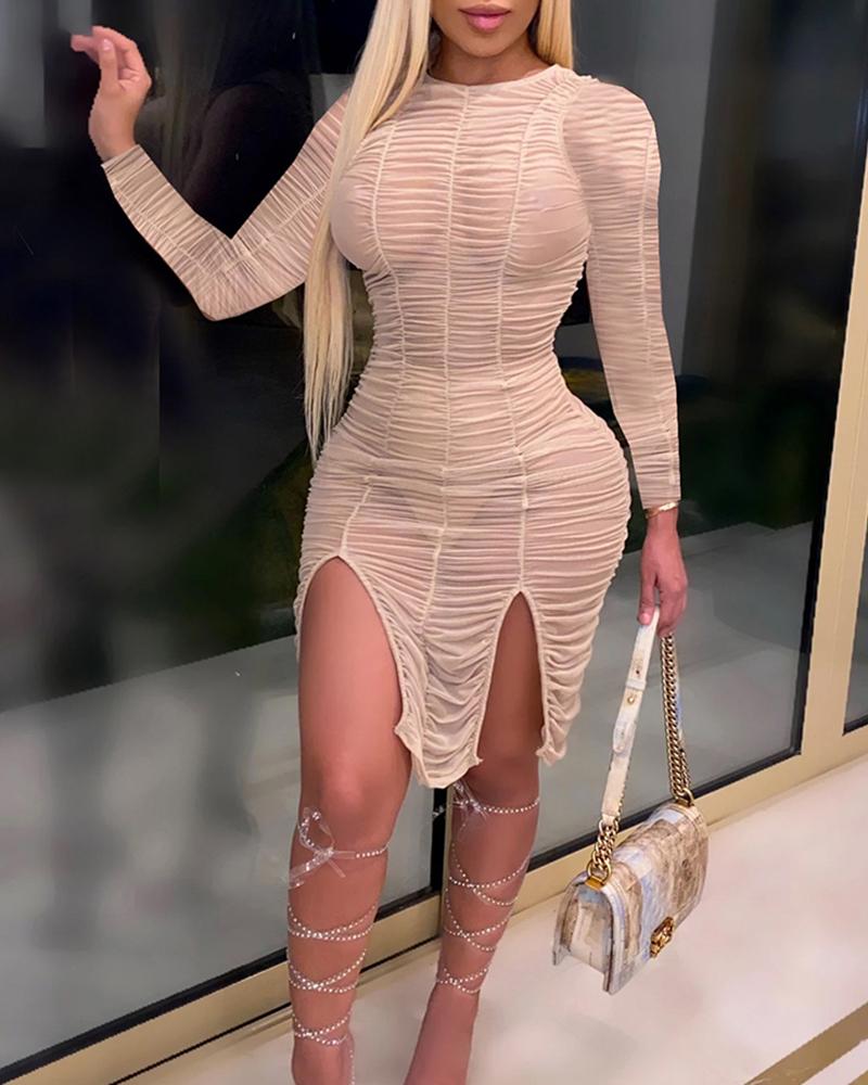 

Ruched Sheer Mesh Slit Dress, Beige