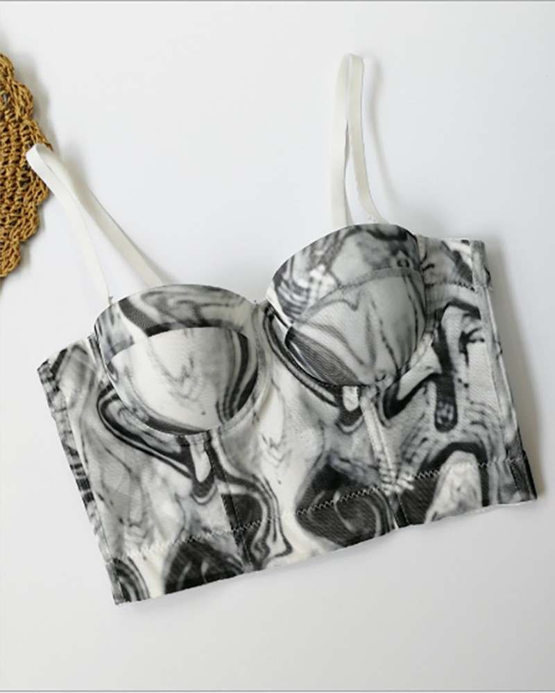 

Sleeveless Abstract Print Skinny Corset Crop Top, Black&white