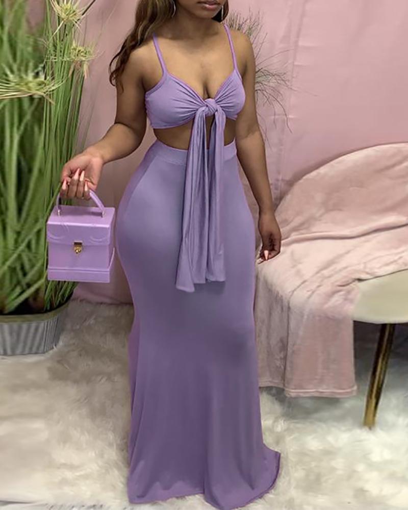 

Knotted Crop Top & Maxi Skirt Set, Purple