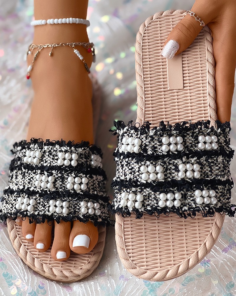 Pearls Decor Tweed Wedding Guest Slippers