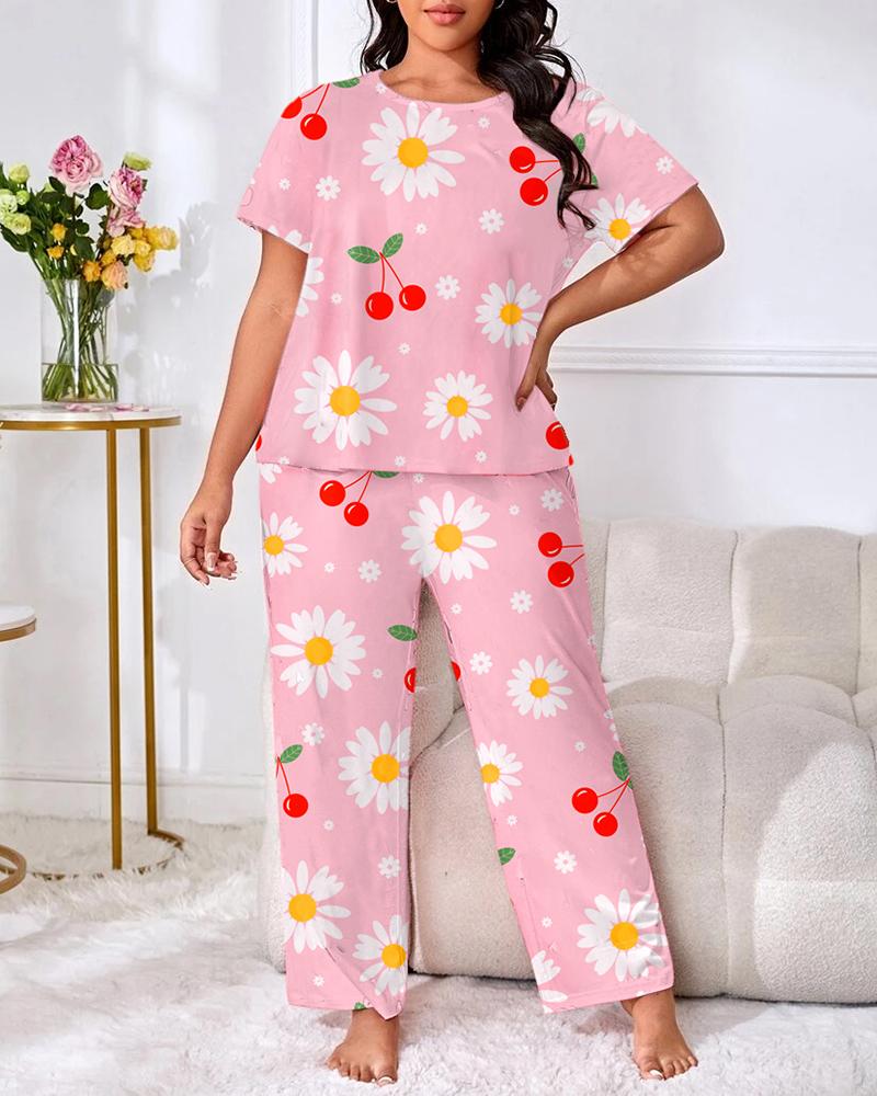 

Plus Size Daisy Cherry Print Round Neck Pajamas Set, Pink