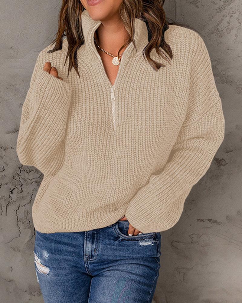 

Plus Size Zip Detail High Neck Long Sleeve Sweater, Khaki