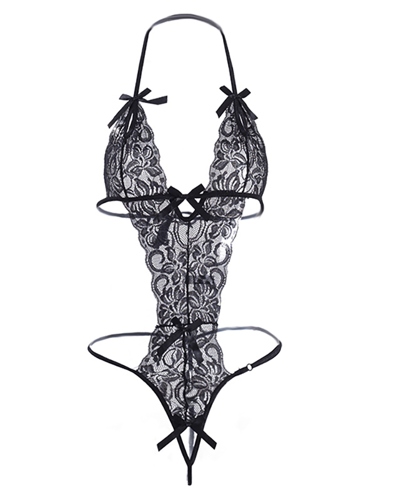 

Halter Bowknot Design Cutout Lace Teddy, Black