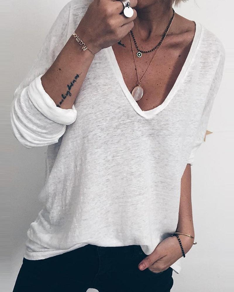 

Solid Brief V-neck Loose T-shirt, White