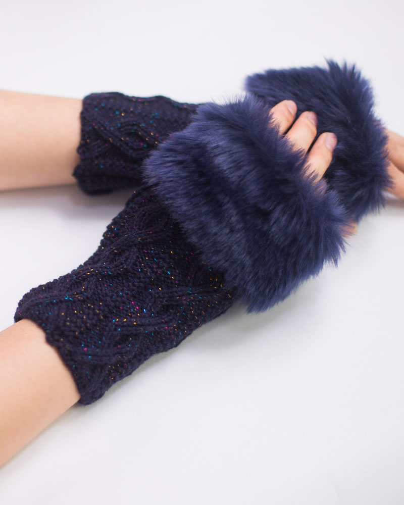 

Christmas Fuzzy Trim Fingerless Knit Gloves, Purplish blue