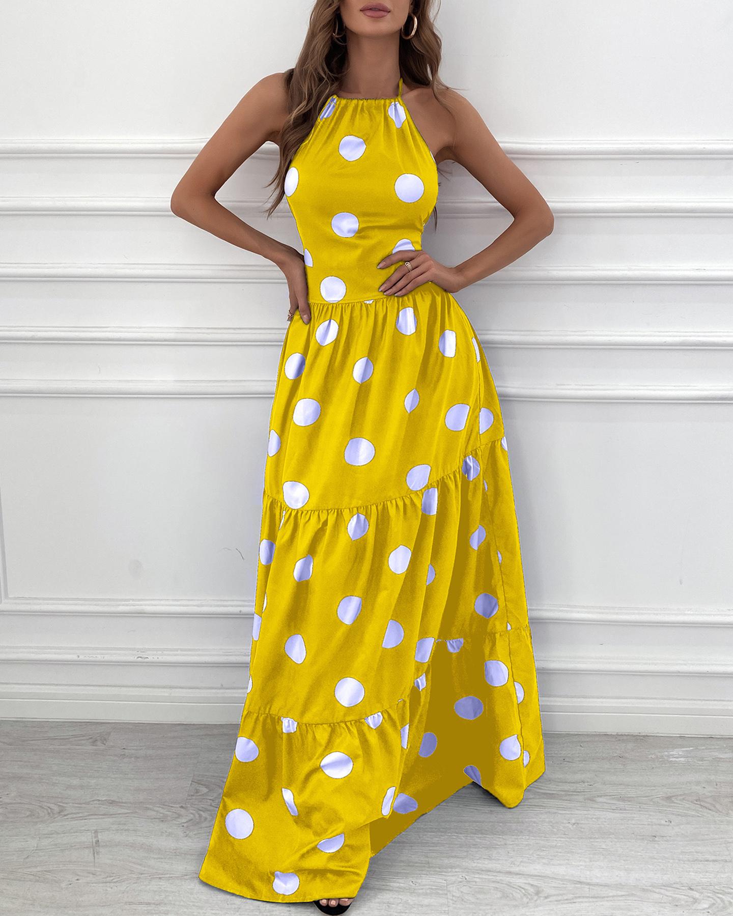 

Polka Dot Print Halter Backless Ruched Maxi Dress, Yellow