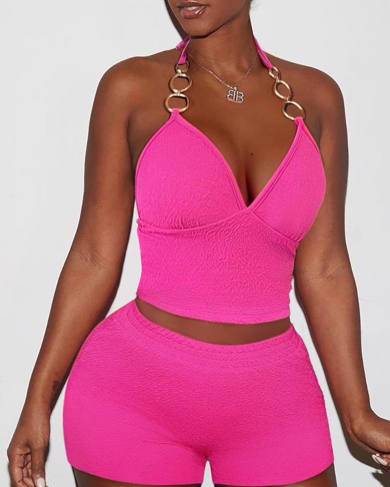 

Tied Detail Chain Decor Halter Top & Shorts Set, Hot pink