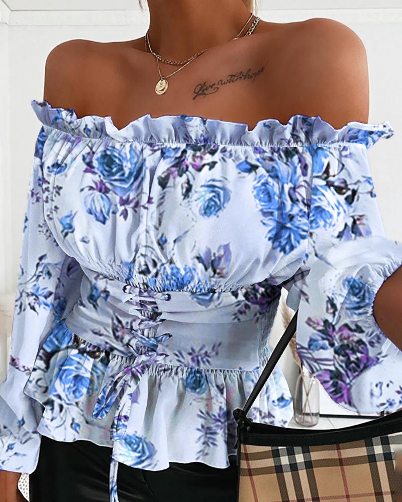 

Frill Hem Floral Print Blouse, Blue