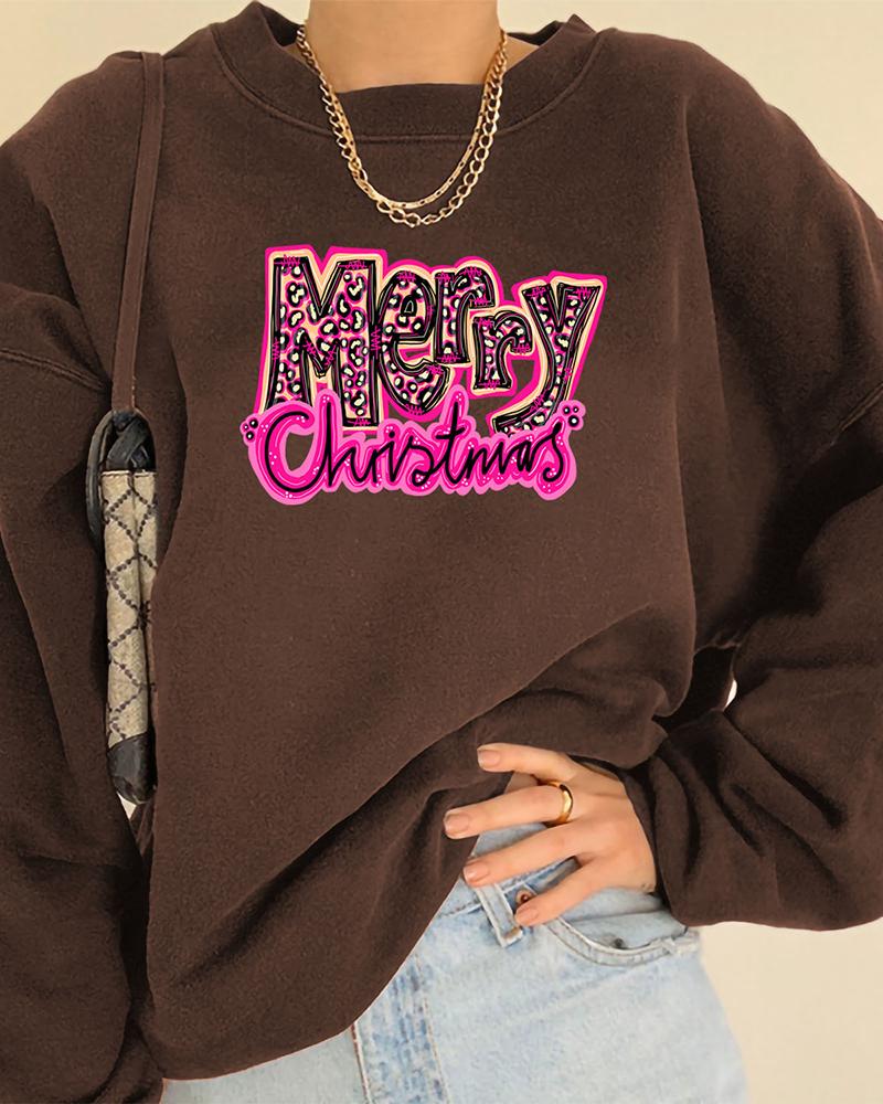 

Christmas Letter Print Long Sleeve Sweatshirt, Coffee