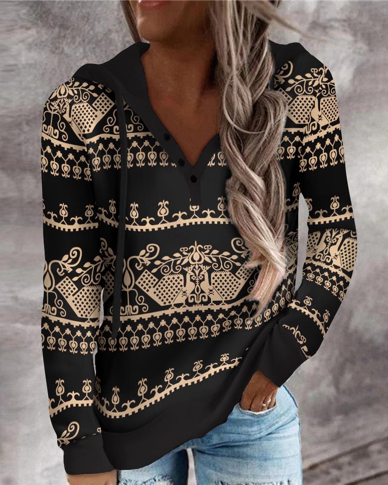 

Tribal Print Button Front Long Sleeve Hoodie, Black