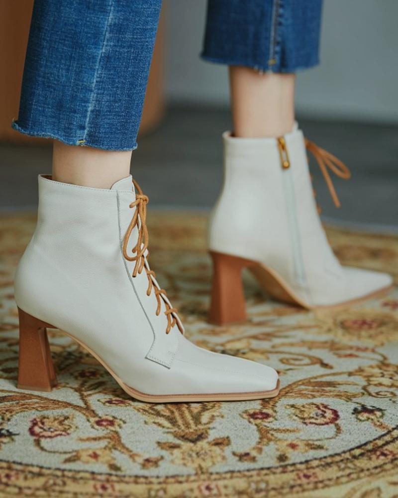 

Lace-up Front Square Toe Chunky Boots, White