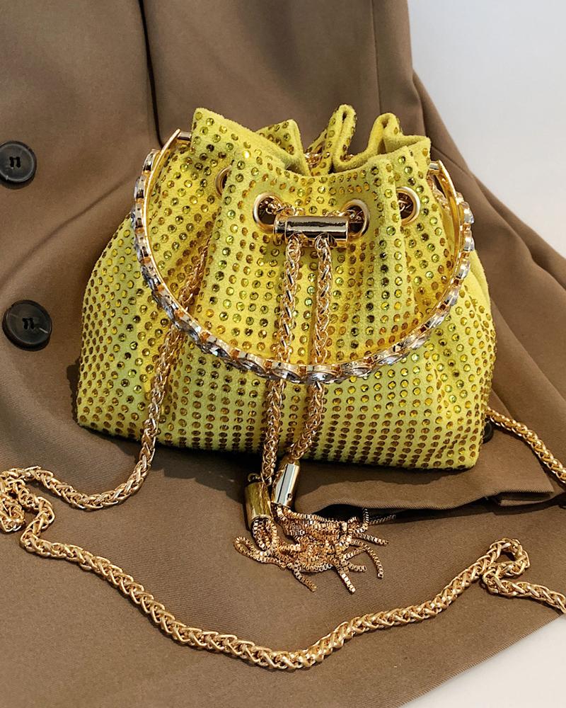 

Rhinestone Chain Drawstring Bucket Fashionable Bag, Yellow