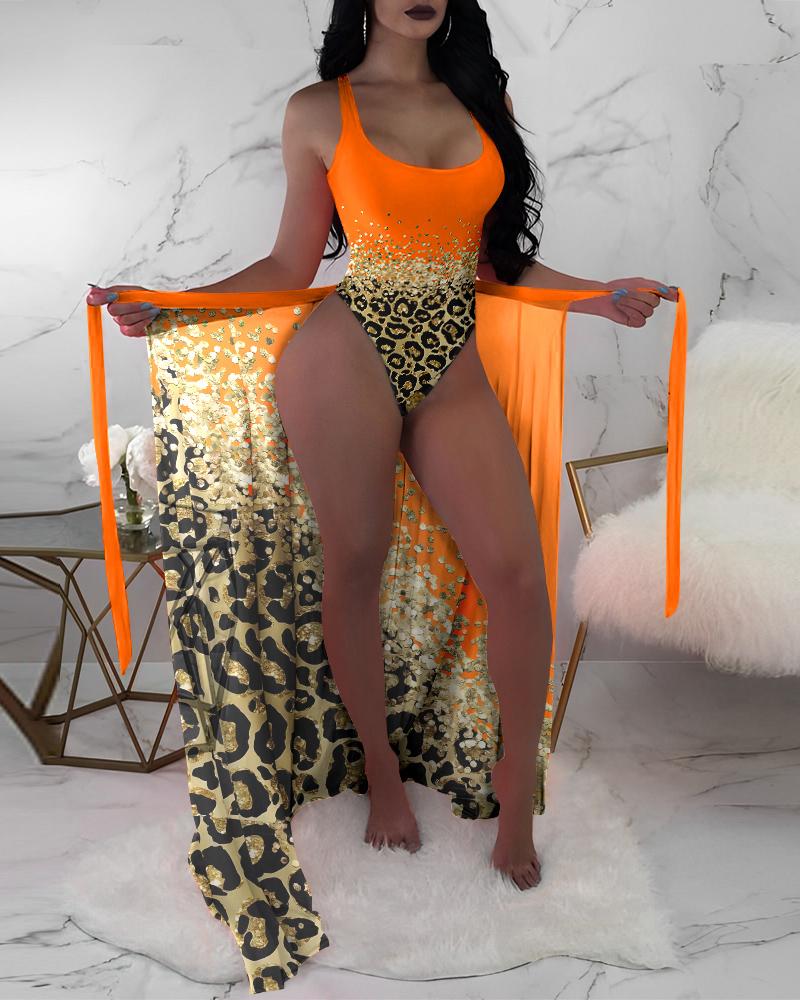 

Contrast Leopard One Piece Swimsuit With Cover Up, Orange