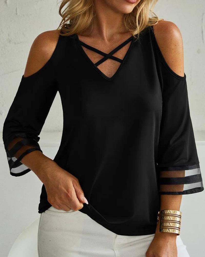 

Contrast Mesh Cold Shoulder Top, Black