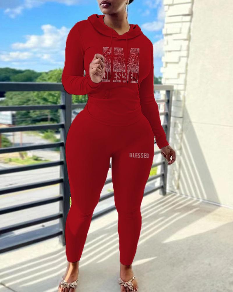 

Plus Size Rhinestone Letter Pattern Casual Hoodie & Pants Set, Red