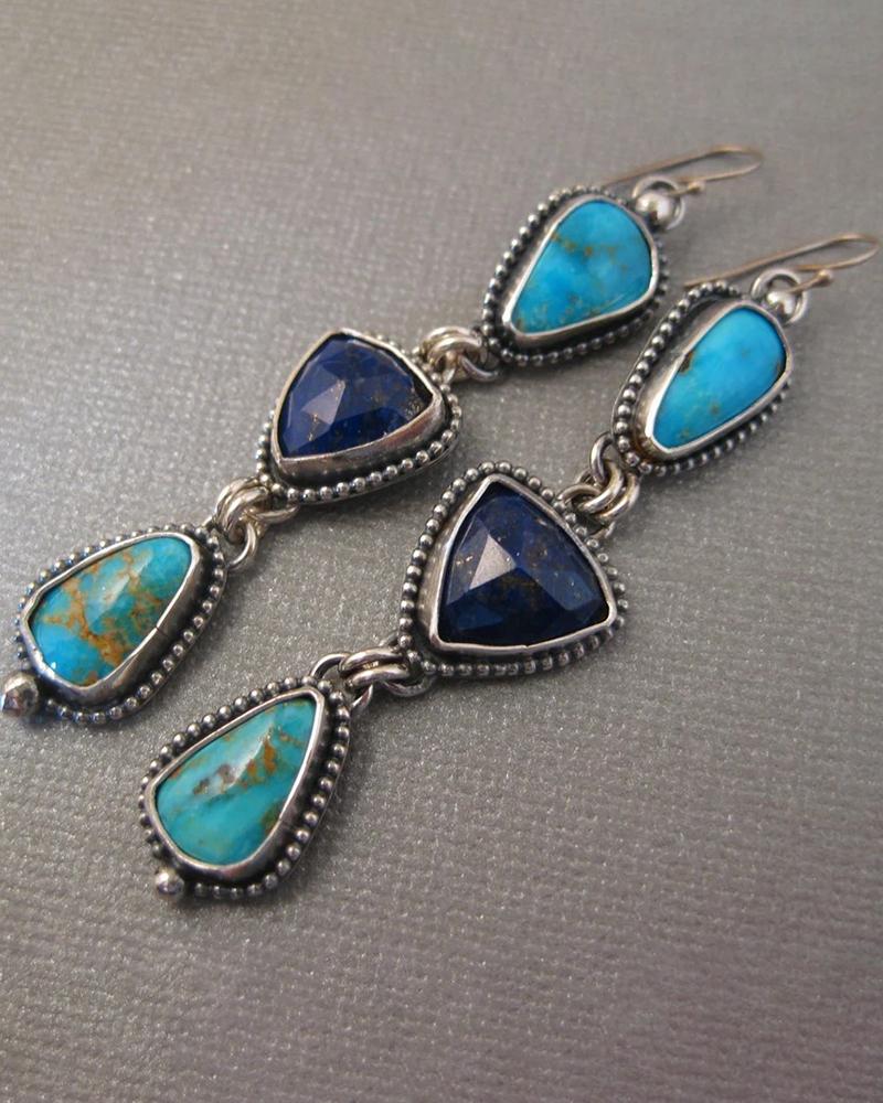

1Pair Vintage Lapis Turquoise Geometric Drop Earrings, Silver