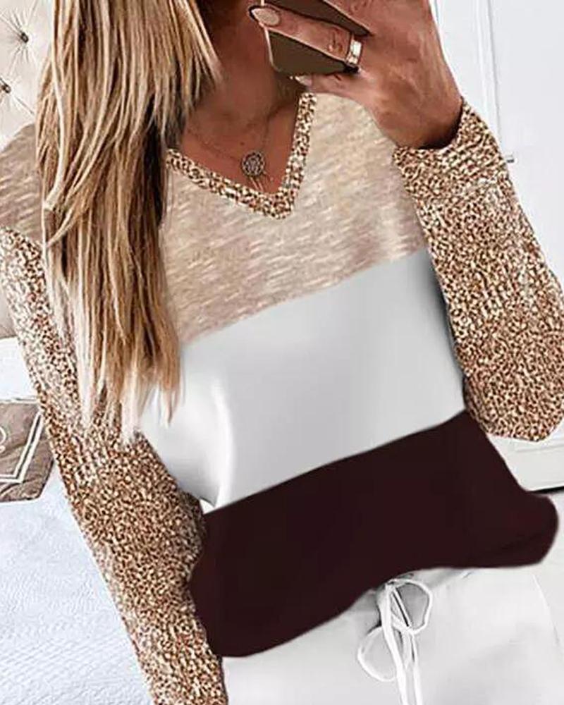 

Colorblock Contrast Sequin Long Sleeve Top, Apricot